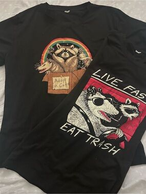 Black Graphic Raccoon & Opossum Tee bundle- 'Adopt a Cat' & 'Live Fast Eat Trash
